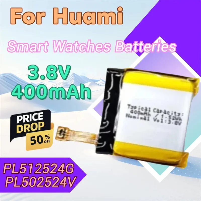 

New PL512524G PL502524V Battery 3.8V 400mAh for Huami AMAZFIT T-rex Verge Lite Gtr A1918 A1808 A1801 A1811 Smart Watch Batterie