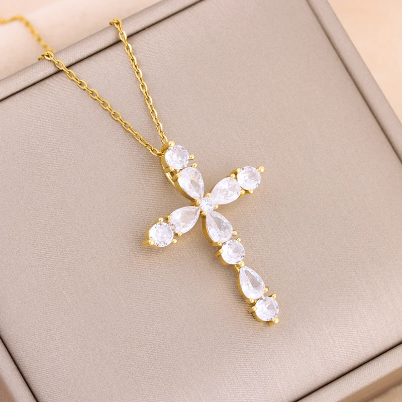 New Super Shining Zircon Crystal Cross Pendant Necklaces For Women Trendy Female Stainless Steel Neck Chain Jewelry Wholesale