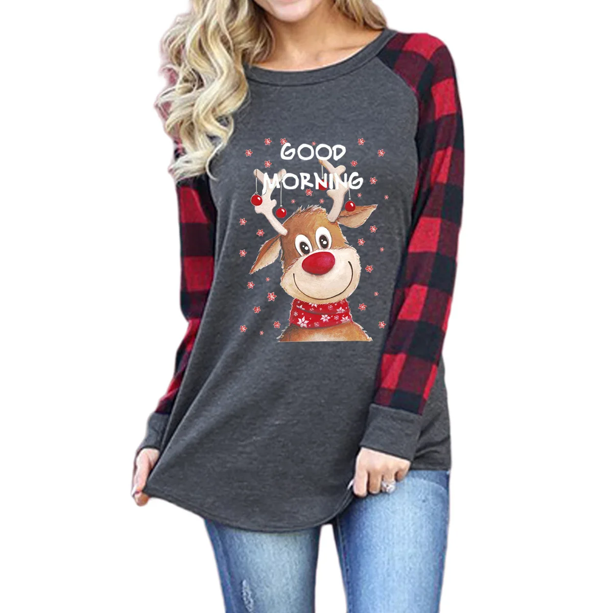 

Women's Santa Claus Pattern Printed Round Neck Raglan Long Sleeve T-shirt Women's Loose and Versatile Elegance and Personality