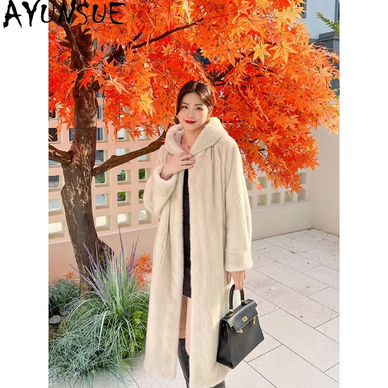 AYUNSUE 고품질 밍크 퍼 코트 여성 신상품 롱 겨울 코트 여성 우아한 아우터웨어 여성 의류
