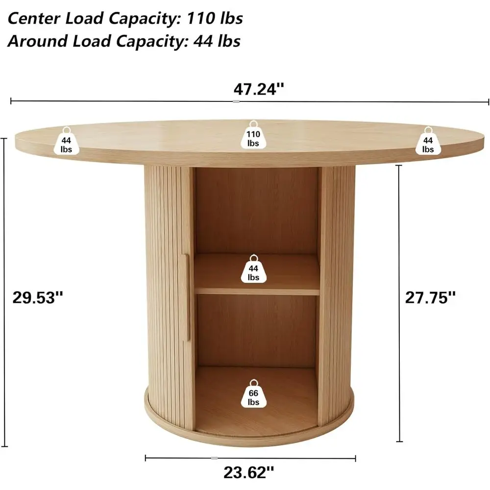 47 inch Round Dining Table or 4, Kitchen Table Dinner Table with 2-Layer Storage Shel and Wood Slide Door or Home Dining Room Li