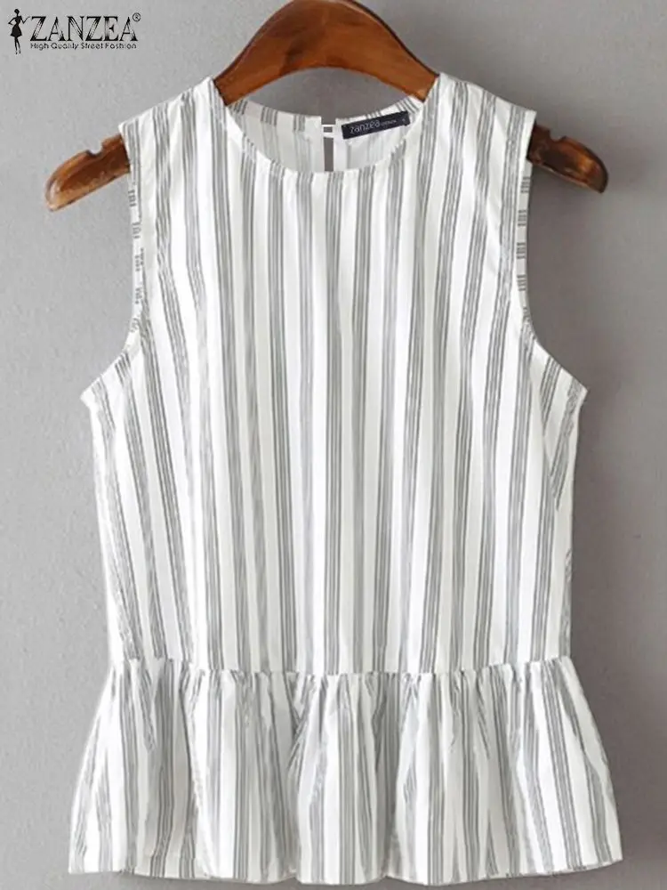 ZANZEA Women Sleeveless Striped Tank Tops Summer Pleated Ruffle Tanks Blouse 2024 Casual O-neck Camis 2024 Korean Fashion Vest