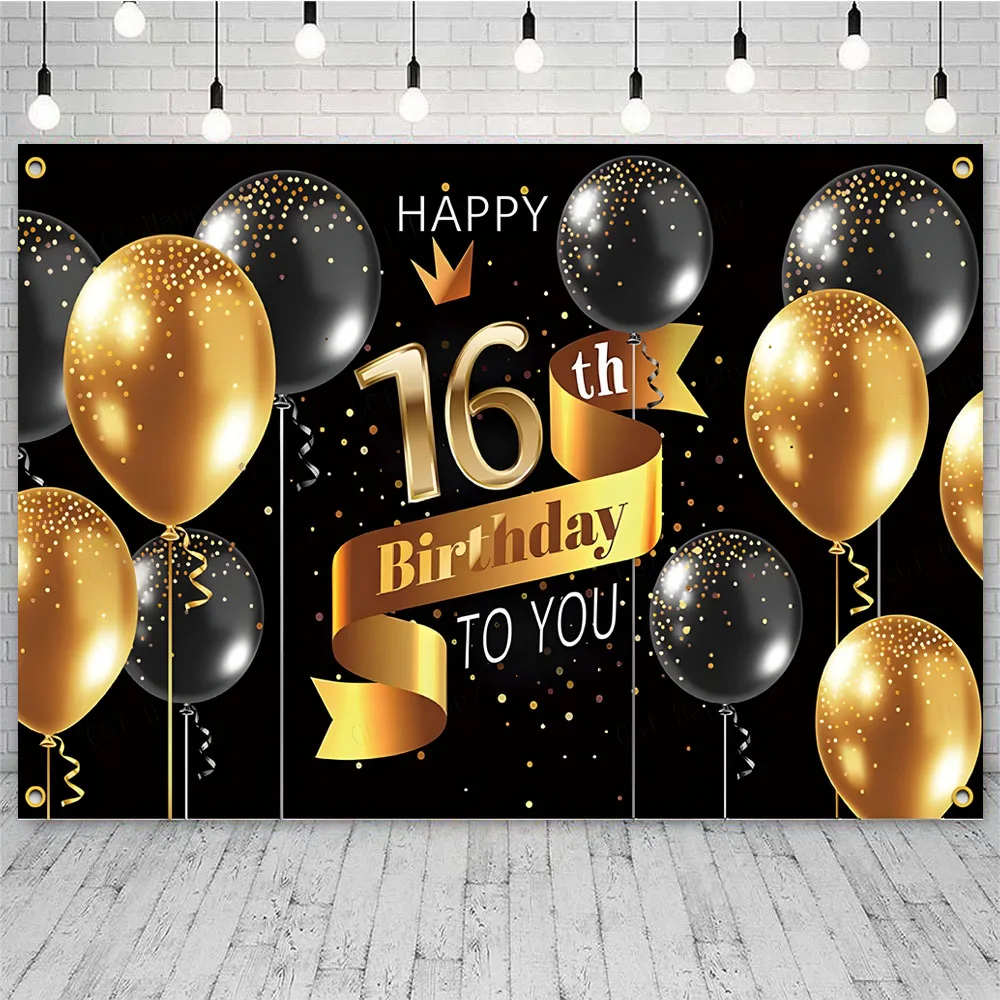Black Gold 16th Backdrop Balloons Boys Girls 16 Years Old Birthday Party Customized Photo Background Cake Table Decor Banner