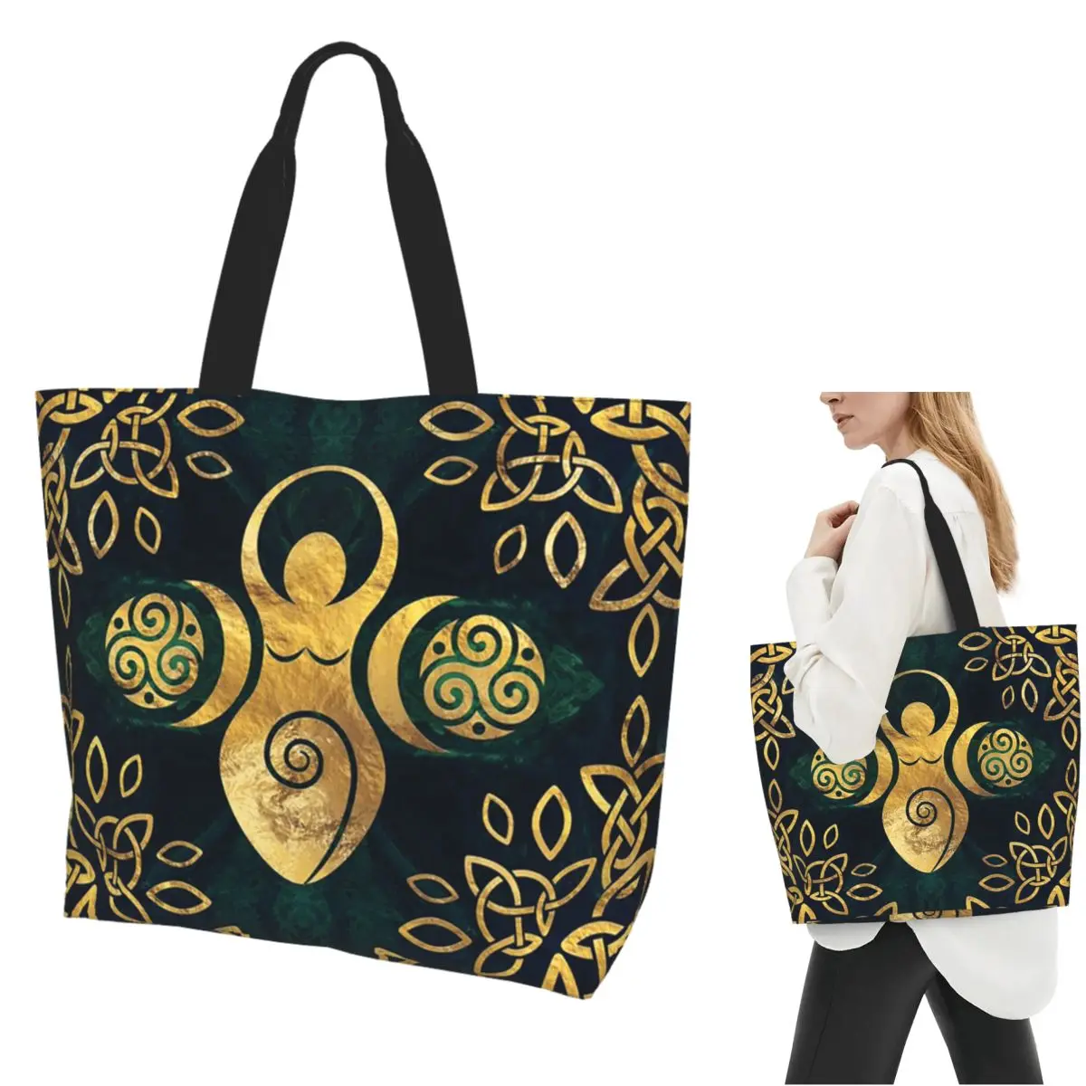 Triple Moon With Triskelion Pentagram Pagan Wiccan Shopping Tote Bag Canvas Shoulder Bags Shopper Grocery Handbag for Women