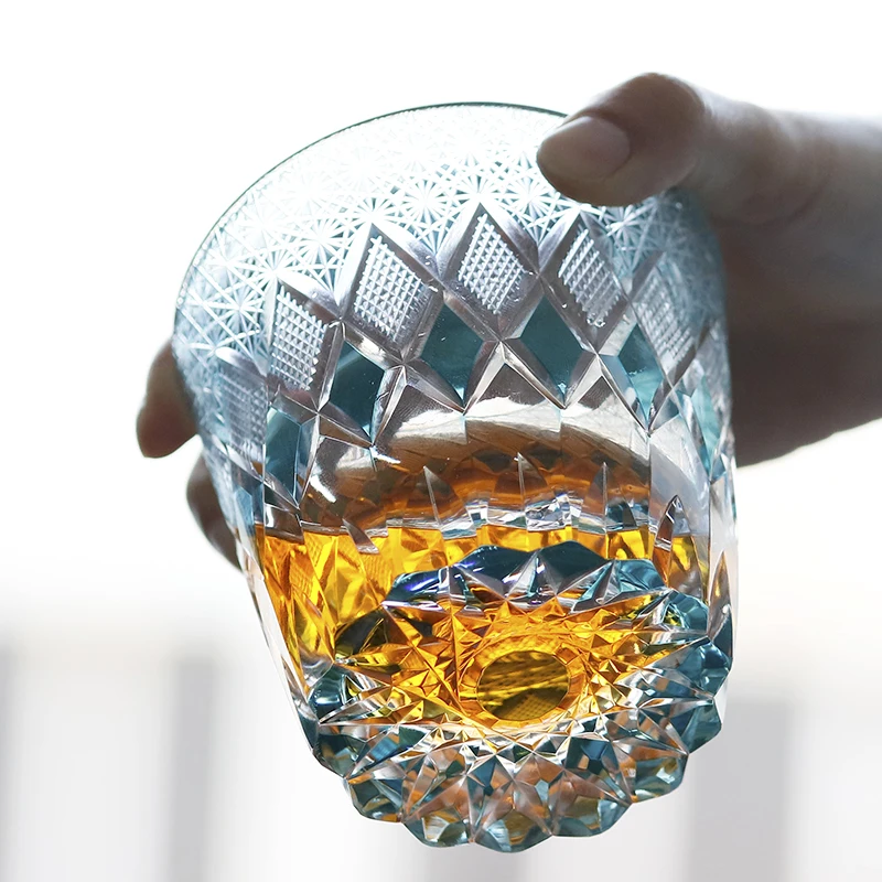 

Sky Blue Geometric Chrysanthemum Whiskey Glass 320ml, Hand Engraved Edo Kiriko Crystal Tumbler, Japanese Barware Gift for Whisky