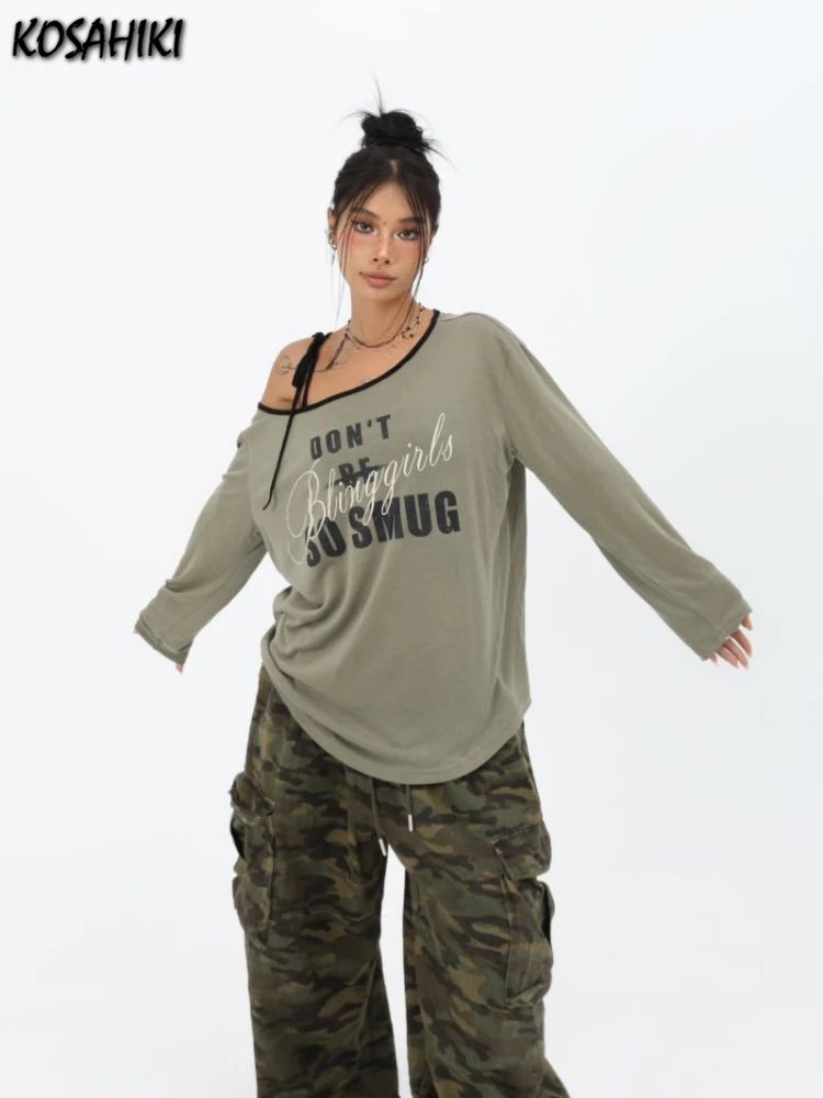 

Y2k Aesthetic Skew Collar Casual T-shirt Women Harajuku Letter Print Vintage Tops Streetwear Spring Bandage Grunge Fairy Shirt