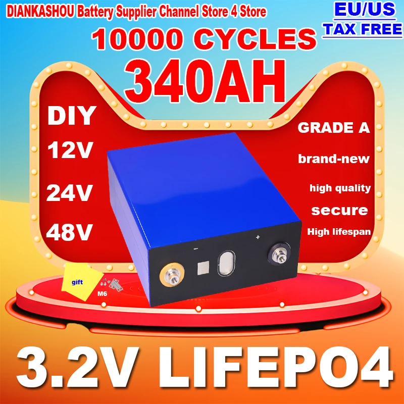

Lifepo4 Battery 3.2V 340AH DIY 12V 24V 48V Rechargeable Cell For RV Vans Campers EV Boats Yacht Golf Carts Forklift Solar Batter