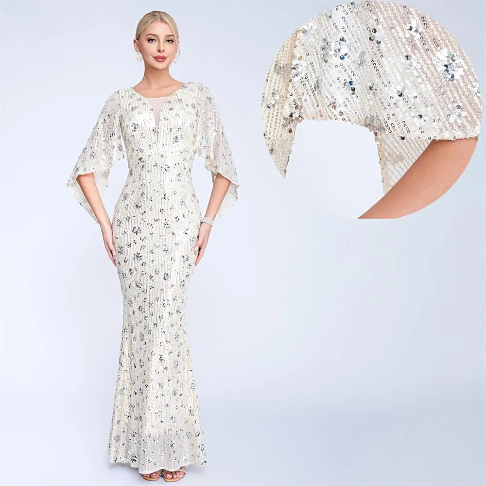 

DSP Elegant Half Sleeves Sequins Evening Dresses Wedding Party Dresses Long Women's Formal Occasion Dresses Prom Dresses