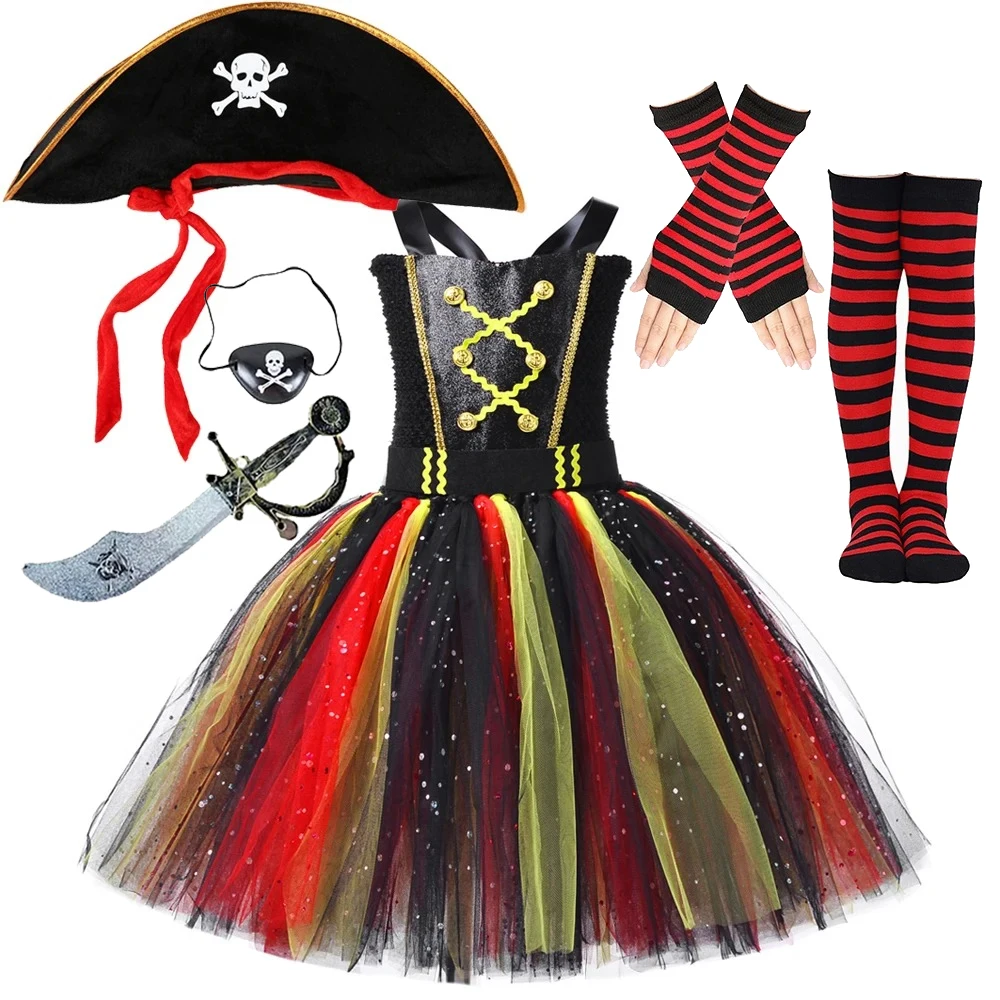 Girls Sparkly Pirate Lined Tutu Dress Kids Halloween Costumes with Hat Eye Patch Sword & Socks Option for Carnival Party Outfit
