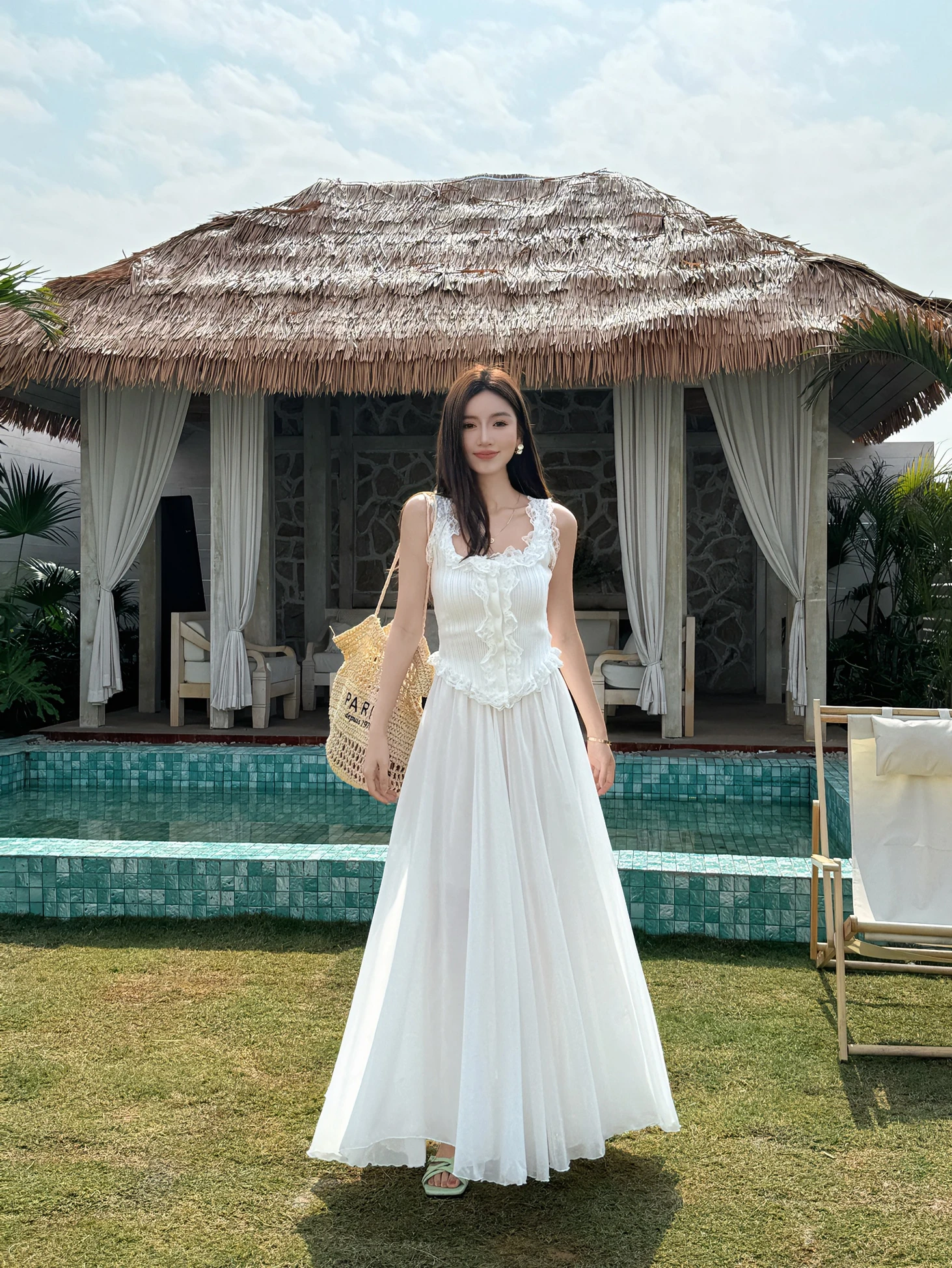 

Юбка Vaion Sle средней длины, пляжная миди-юбка в пол, многослойная белая летняя шифоновая юбка свободного кроя с эластичной талией