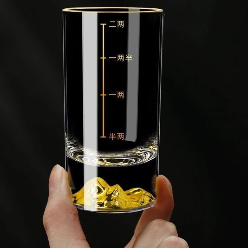 6pcs Set 3.4oz 100ml Classic Brandy Glasses Thick Bottomed Golden Mountain Glass Transparent Liquor Cup with Golden Scale Line
