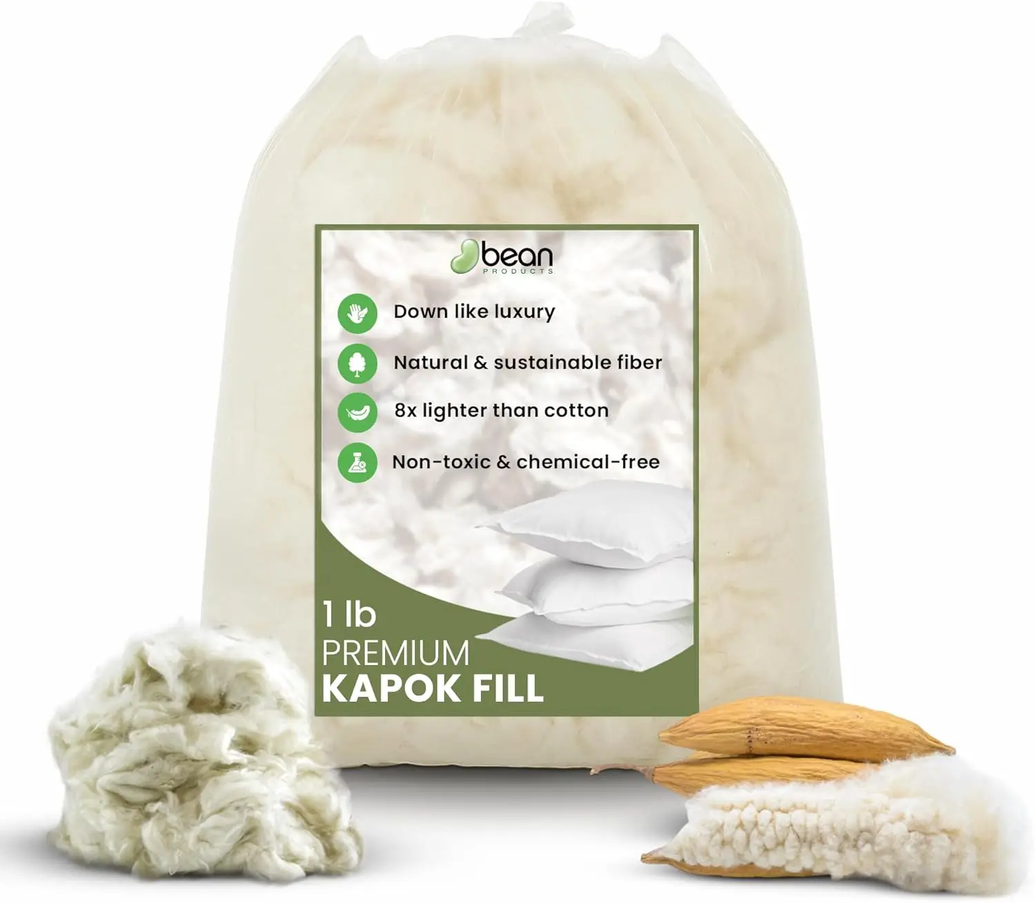 

Premium Organic Kapok Fiber, 1 lb, Chemical-Free & Hypoallergenic for Pillows, Pet Beds, Couches - Made in USA