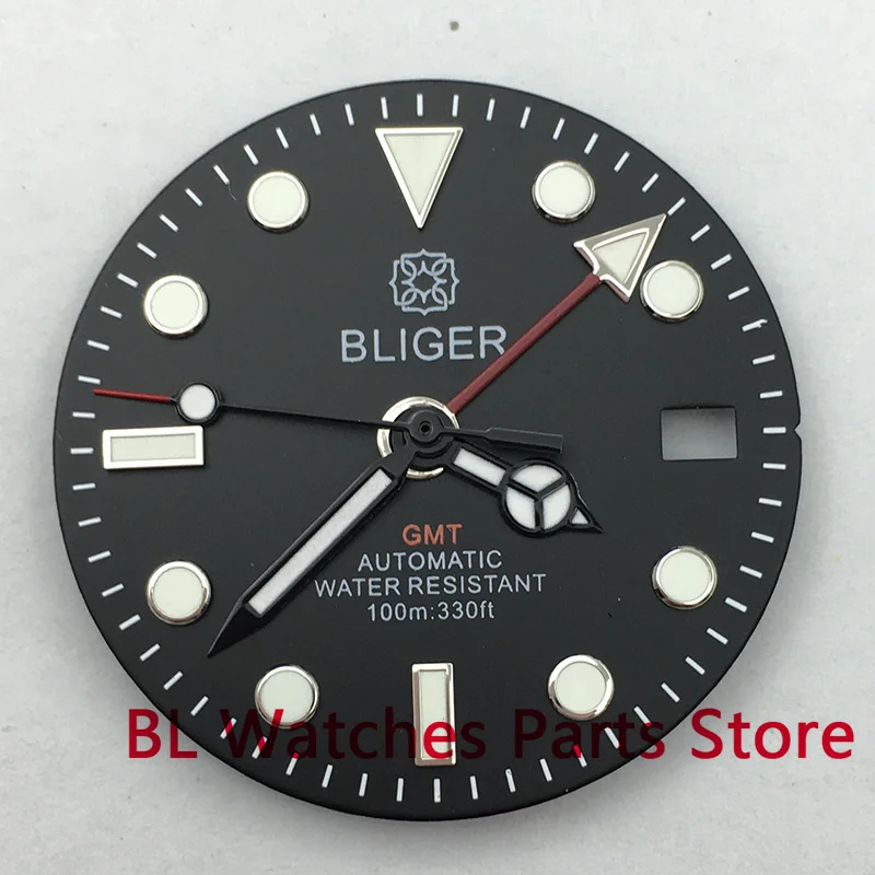 

BLIGER Watch Parts 29mm Black Dial Fit GMT NH34 NH34A Movement Silver Edge Index Green Luminous With 3 O'clock Crown