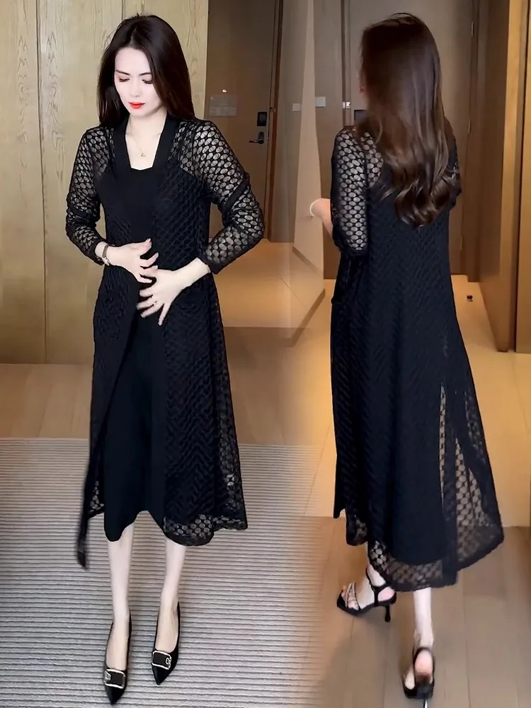 Summer New Women's Midi Dr Set Slimming Sunscreen Outer awl Strap Dr Two-Piece Set Casual Sle Floral Hollow out