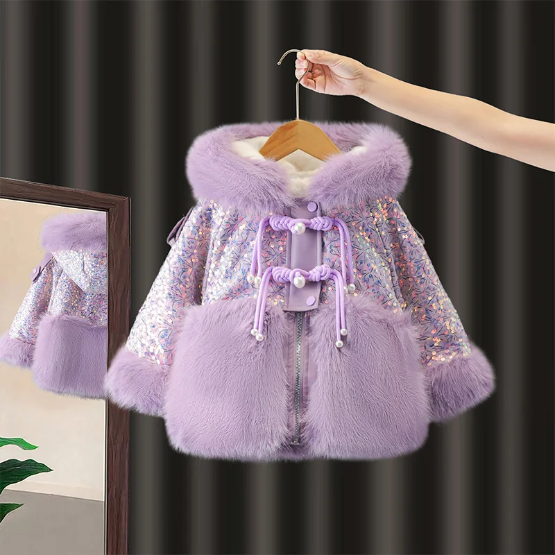 Casaco de pele sintética com forro de Fce para meninas Suéter com botão brilhante Inverno Faion Little Princ Top corte reto longo S...