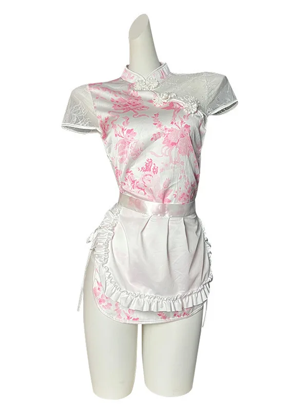 Nuovo pizzo sexy in stile cinese trasparente con lacci e spacco sui glutei esposti, colletto semi aperto, maniche corte, stampa retrò GSGH