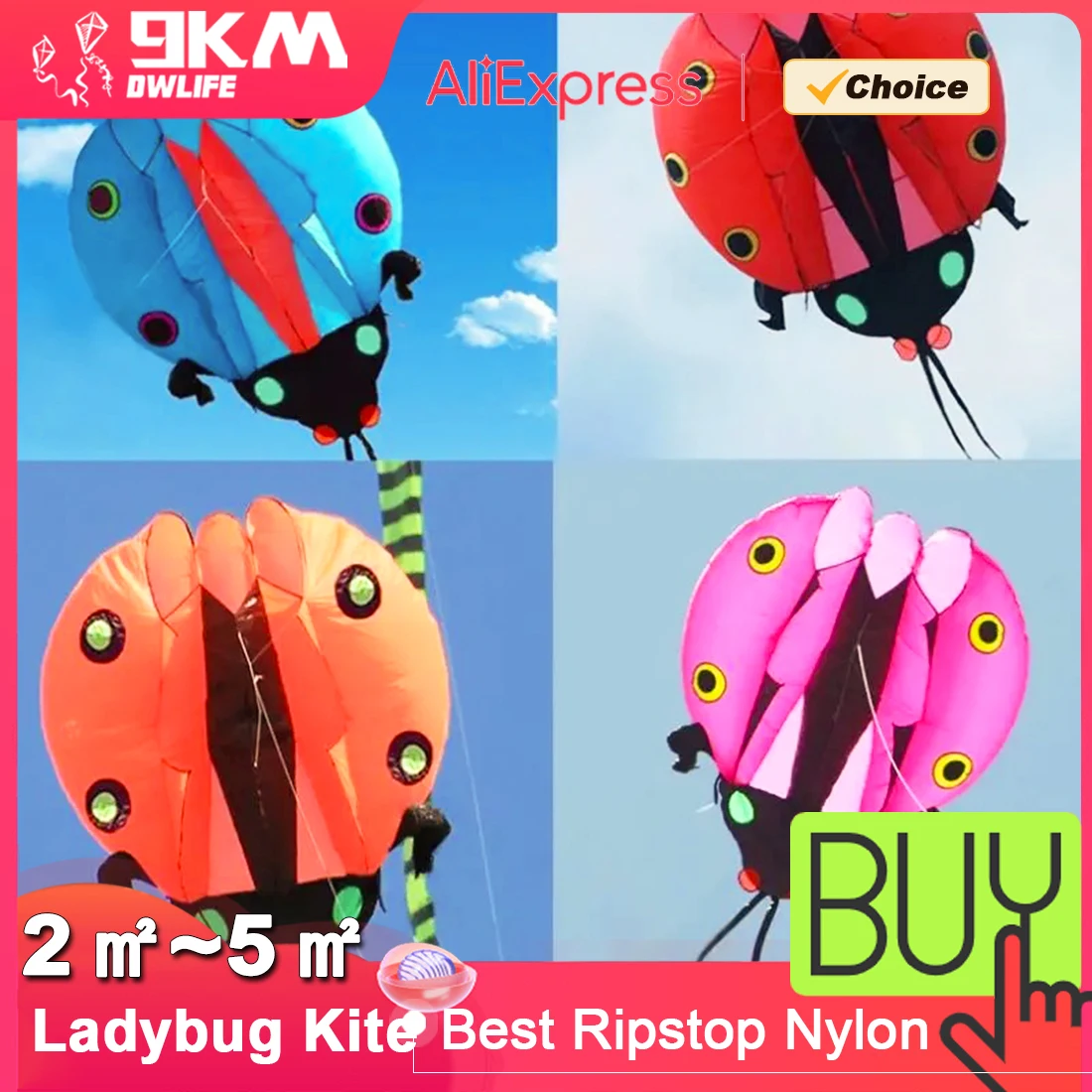 

9KM 2-5㎡ Ladybug Pilot Lifter Kite, Single Line Laundry Soft Inflatable Kite, 30D Ripstop Nylon with Storage Bag
