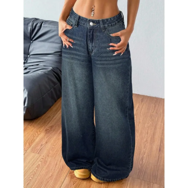 OIQERE 2026 New Women Vintage Washed Barrel Jeans Loose Wide Leg Denim Pants Casual Streetwear Retro Long Trousers