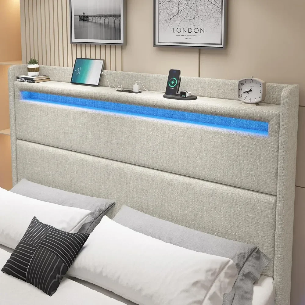 Bett rahmen mit LED-Leuchten, gepolstertes Plattform bett mit Ladestation und Stauraum-Wingback-Kopfteil, keine Box feder erforderlich