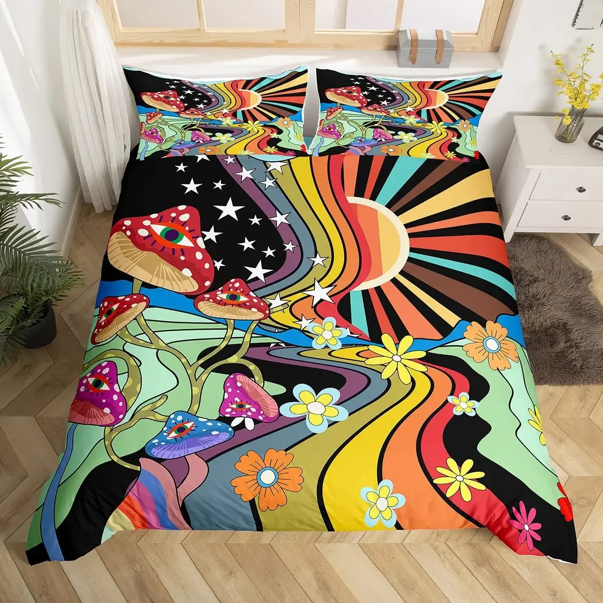 Boho Mushroom King Queen Duvet Cover Hippie Rainbow Bedding Set Groovy Floral Comforter Cover Cartoon Star Polyester Quilt Cover