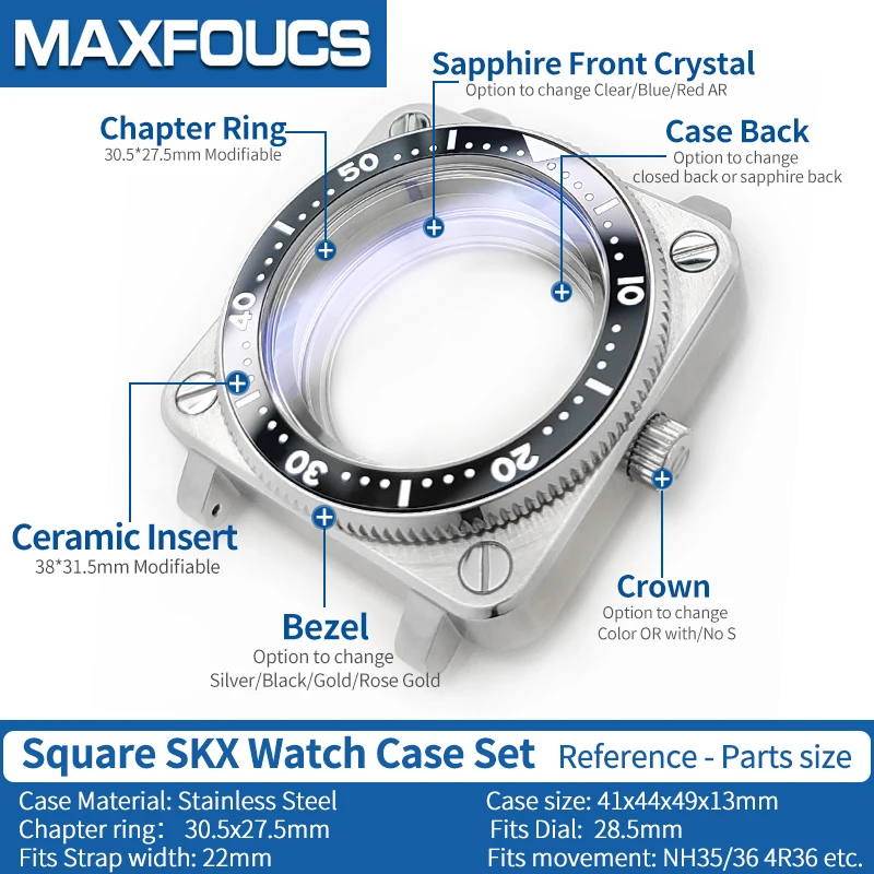 Square SKX Silver Watch Case MOD NH35 NH36 4R36 Custom Stainless Steel Sapphire Glass Shiny/Brushed Watches Cases Parts ﻿