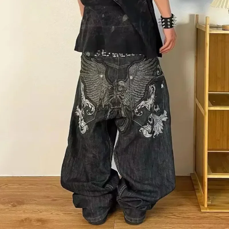 2000s American Fashion Pattern Embroidery Loose Jean Men Street Casual Joker Mopping Oversized Wide-leg Pants Couple Jeans