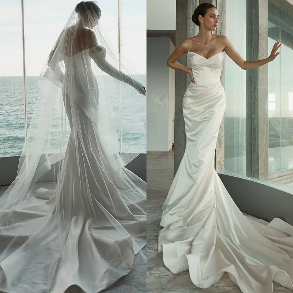 

Customized Mermaid Classic Satin Wedding Dresses Detachable Sleeve Strapless Bridal Gowns Charming Wedding Guest Dresses