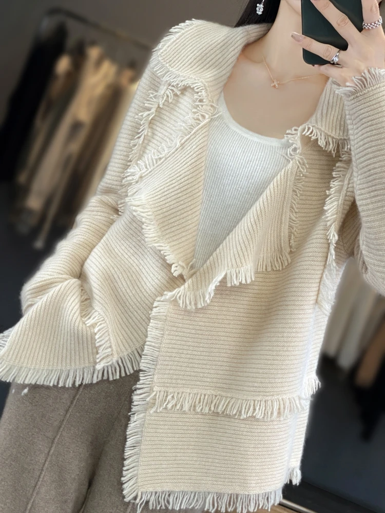 100% Merino Wool Women\'s Clothing Autumn and Winter New Knitted Cardigan Casual Loose Fitting Suit Collar Jacket Fashion Korean