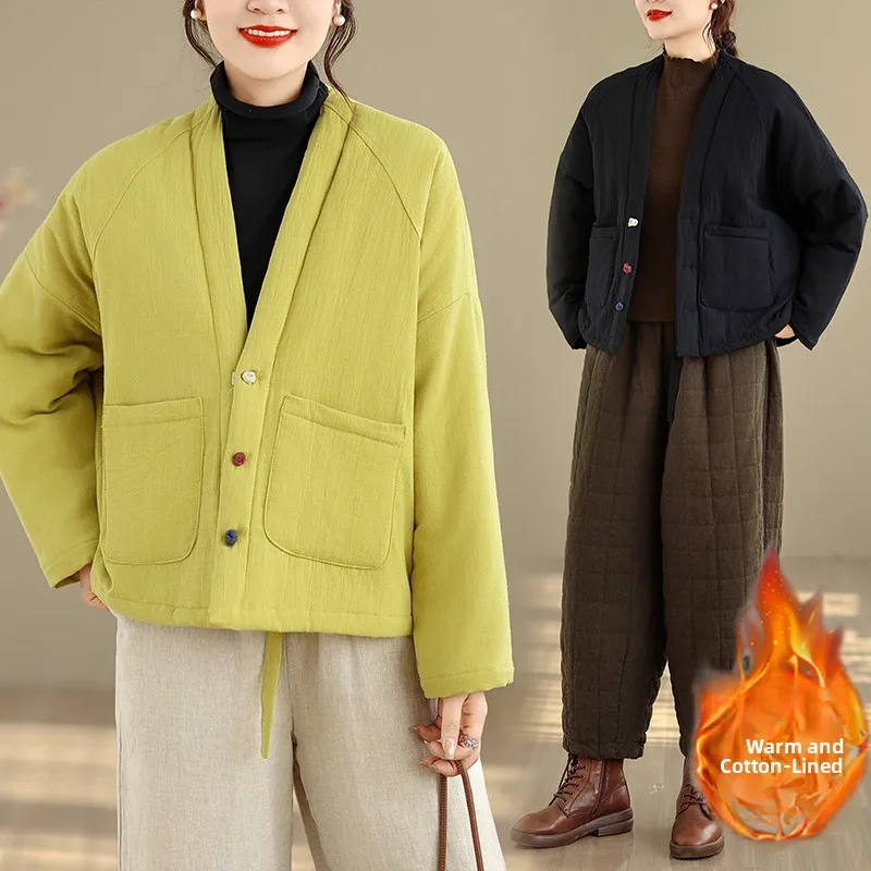 

Ретро-пальто на пуговицах из хлопка для женщин, зимнее, утепленное, с длинными рукавами, свободного кроя, теплое, из льняного хлопка, короткое пальто