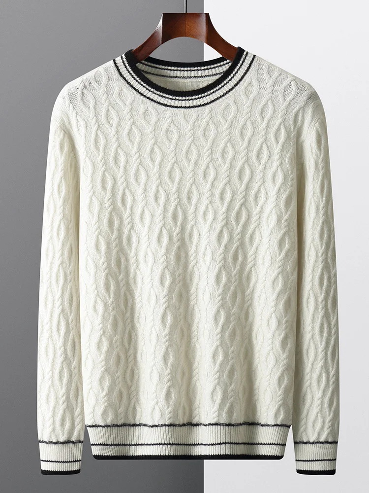

100% Merino Wool Men's Round Neck Thick Diamond Texture Casual Fashion Knitted Sweater