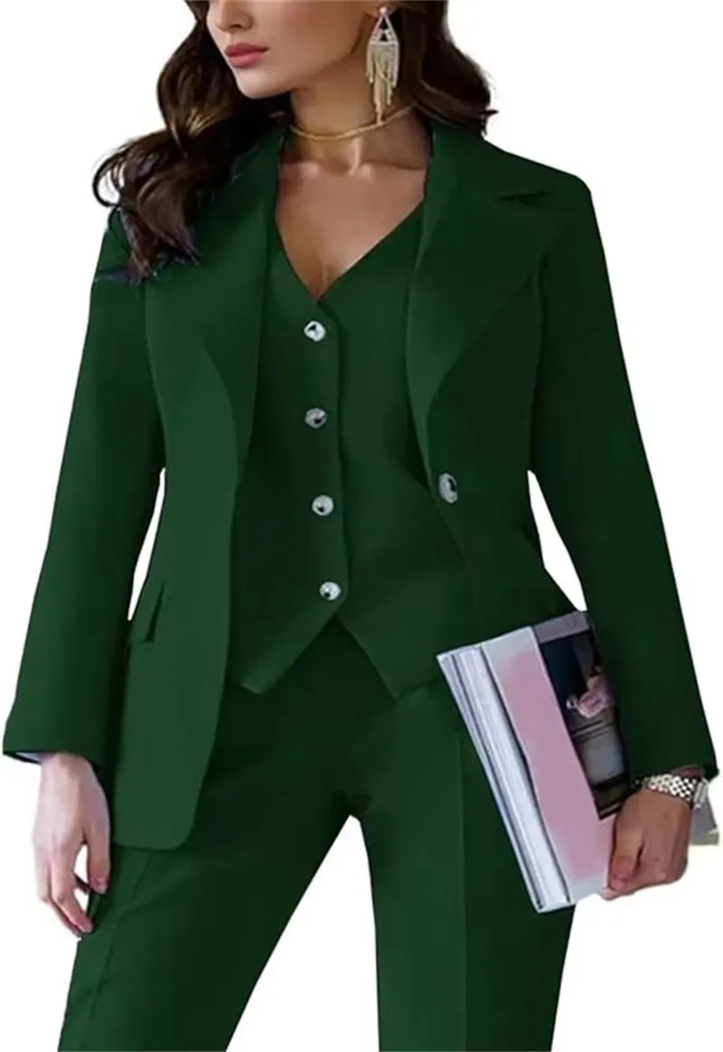Solid Color Women's Western-Style 3PCS Pant Suits Spring Summer Elegant Casual Smooth Silhouette Office Commuting Lady Set