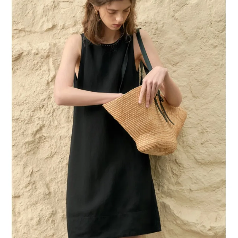 Johnature Summer Dress Women Casual Linen Vest Sleeveless O-neck Solid Color Simple Loose Pockets Women Dresses For 2025 New