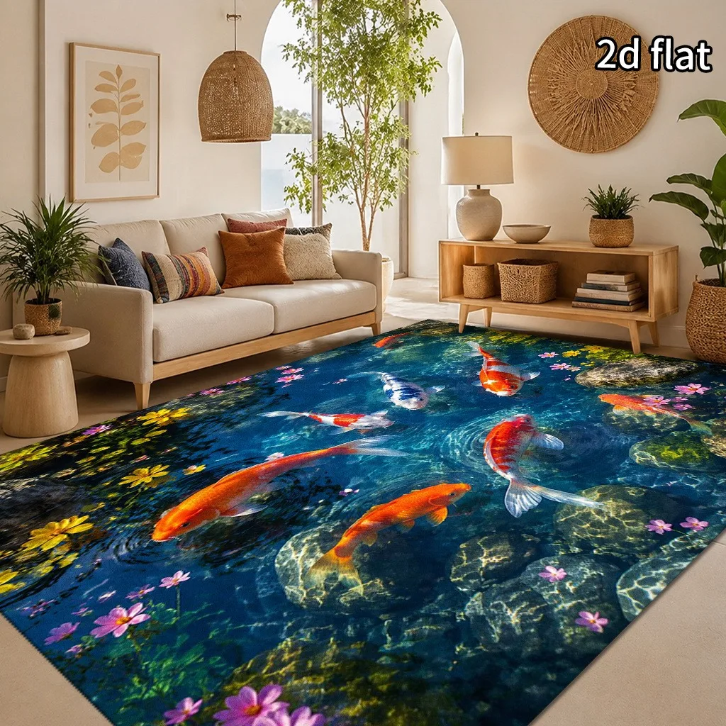 Oriental Koi Fish Pond Rug Colorful Carp Lotus Floral Water Rock Scene Textured Print Floor Carpet for Living Room Bedroom
