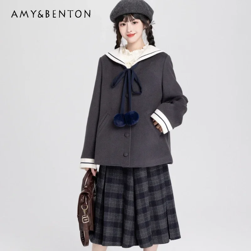 

2024 Winter College Style Grey Plaid Short Coat Sweet and Cute Sailor Clothing Half Skirt Age Reduction Two-Piece Set For Girls