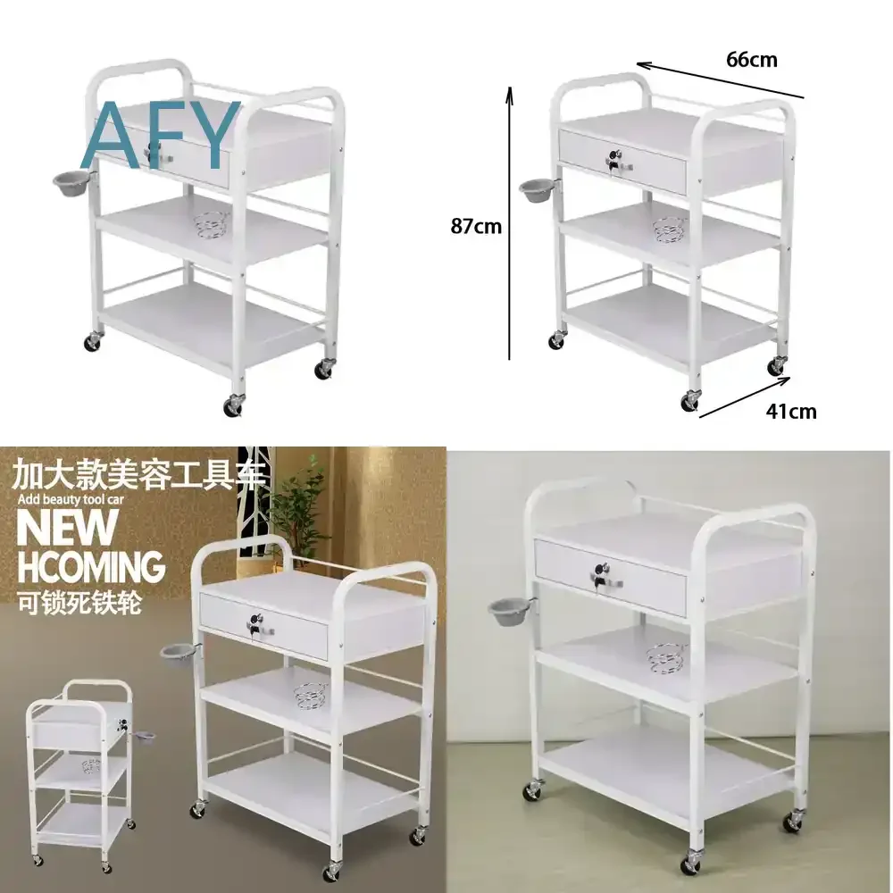 Beauty Trolley for Salon Spa Clinic White Solid Wood Medical Trolley for Hair Styling Nail Art Dermatology Treatment Cart