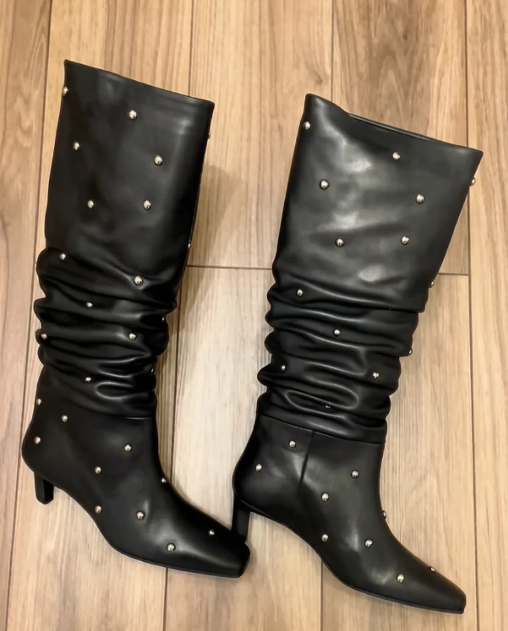 Edgy Black Leather Studded Slouch Knee-High Boots Square-Toe Kitten Heel Silver Studs Details Ruched Shaft Cool Fashion Boots