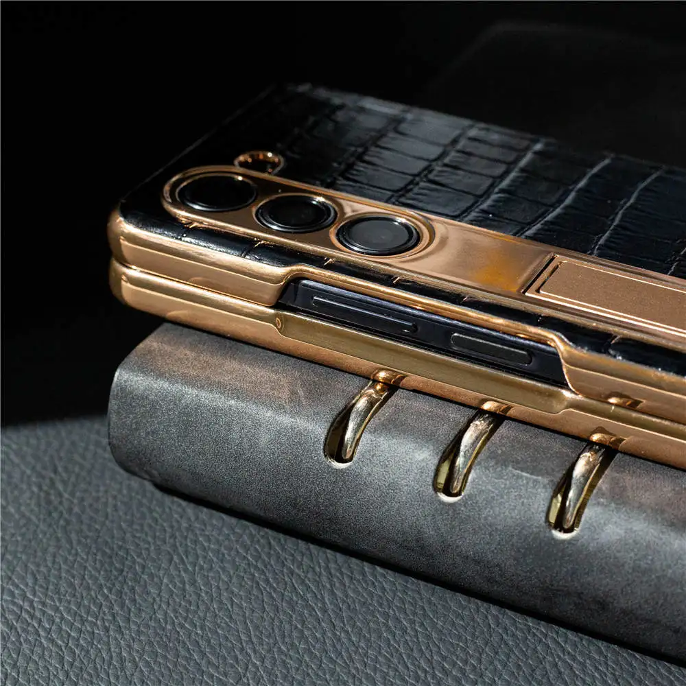 Funda de cuero de vaca genuino para Samsung Galaxy Z Fold5, cubierta de bisagra con soporte de película de vidrio