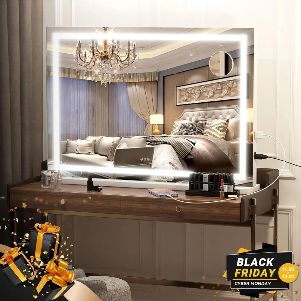 32 x 22 LED Lighted Makeup Mirror with Touch Screen Control and 3 Dimmable Modes, Square White Vanity Mirror