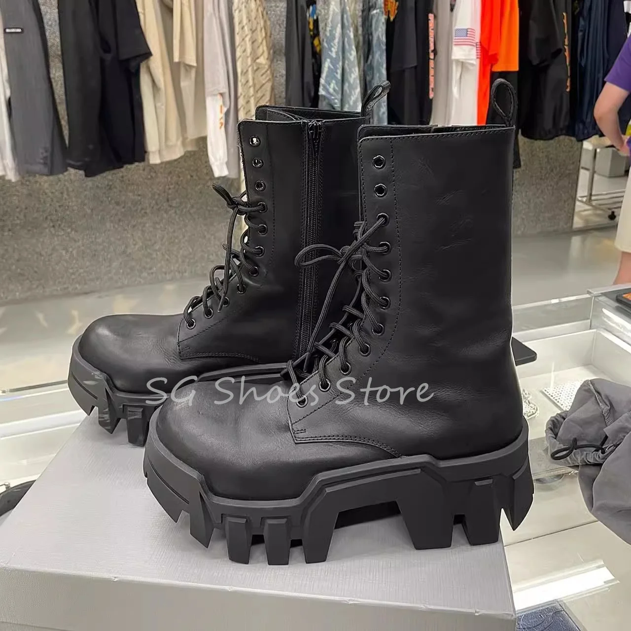 Punk Style Black Women Motorcycle Boots Round Toe Chunky Bottom Height Increasing Mid-Calf Boots Ladies Lace-Up Short Boots