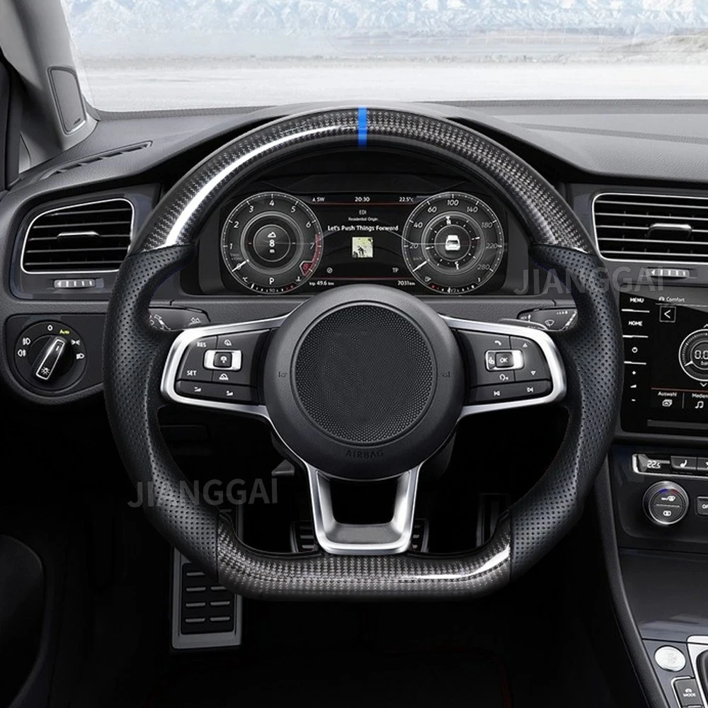 

Руль из настоящего карбона с отверстиями для подрулевых лепестков для Volkswagen VW Golf 7 MK7 GTI 2015-2017, синяя строчка, гоночный руль