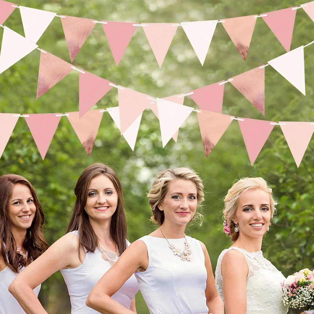 Roségoldene Dreieckige Papierwimpel-Girlande, Hochzeit, Geburtstag, Jubiläum, Brautparty, Innen- & Außen-Gartenparty-Dekoration – Detail 4