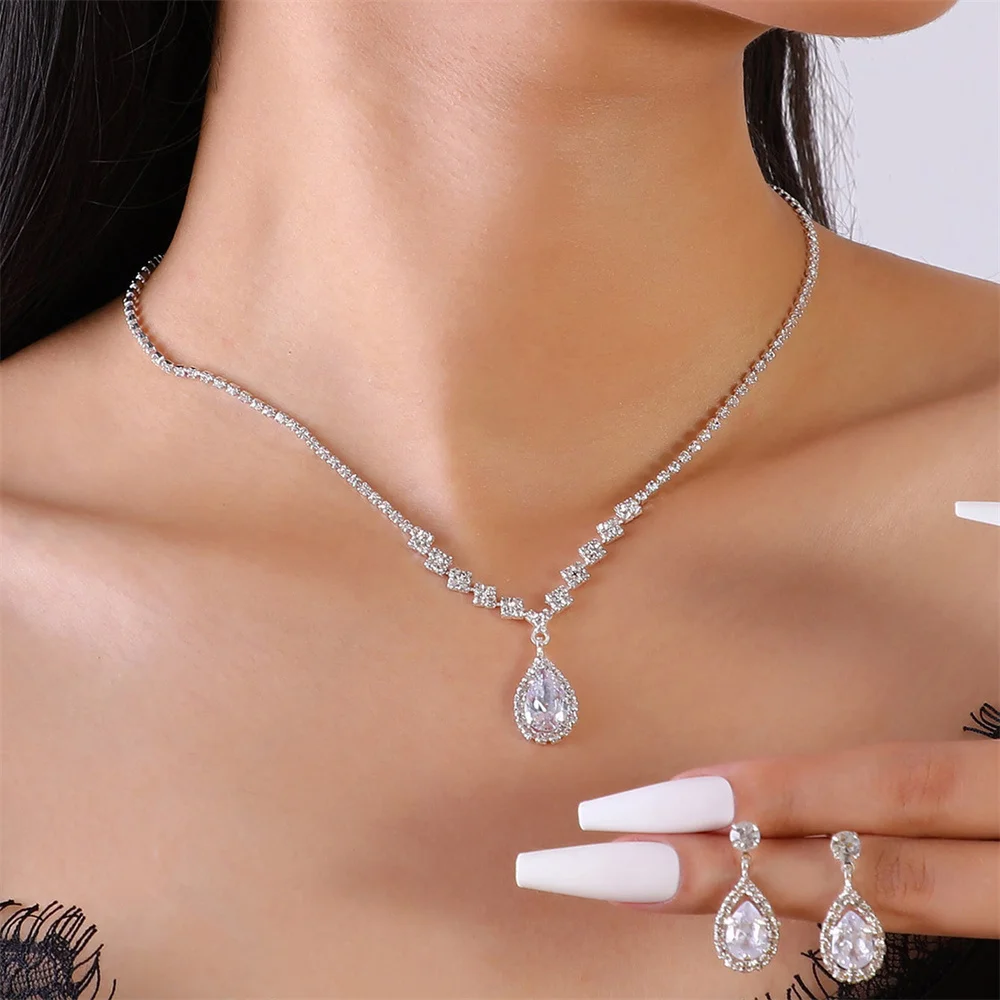 Fashion Rhinestone Necklace Earrings Set For Women Diamond Zircon Elegant Luxury Wedding Bride Party Jewelry Gifts Accessories