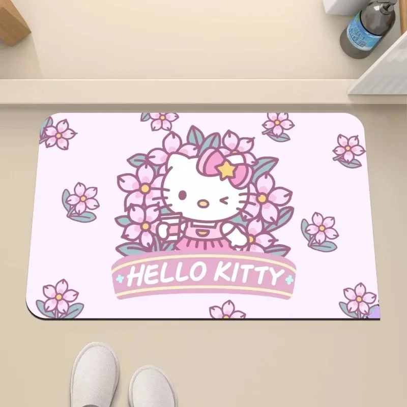 Hello Kitty Cherry Blossom Diatomite Absorbent Bath Mat, Quick Dry Non-slip Rug, Cute Bathroom Door Mat for Girls
