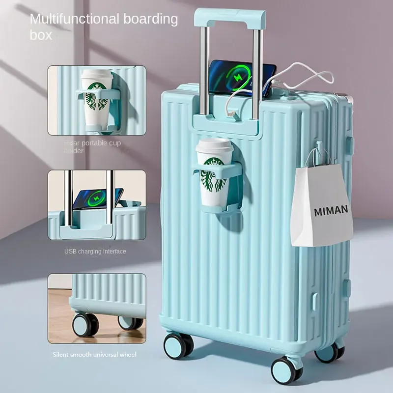 Large Capacity Suitcase Female Rolling Suitcases on Wheels Zipper Password Lock Luggage Cabin Case with Cup and Phone Holder