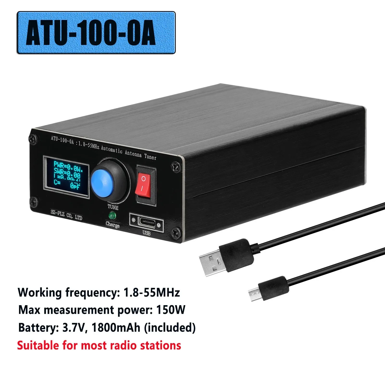 ATU-100/10-0A 1.8-55MHz/30MHz Mini automatyczny tuner antenowy Wyświetlacz OLED Aluminiowa obudowa z baterią 1800MAh Tuner antenowy ATU