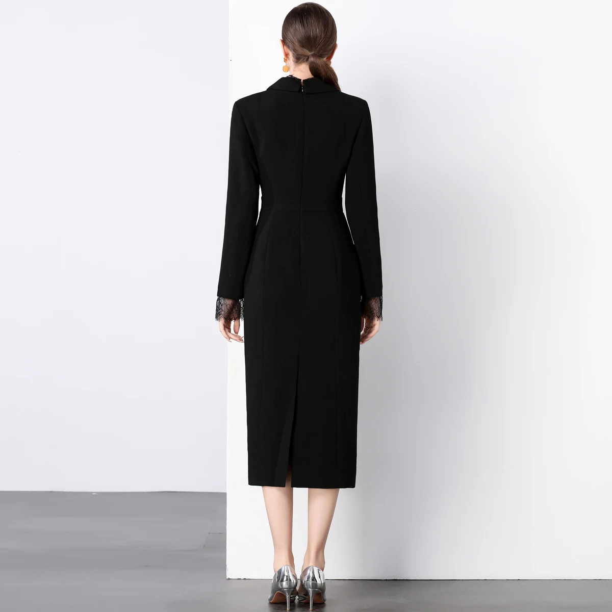 Elegant Autumn Black Blazer Dress Women Notched V-Neck Single-Breasted Long Sleeve lace Trims Bodycon Dress Office Lady Formal