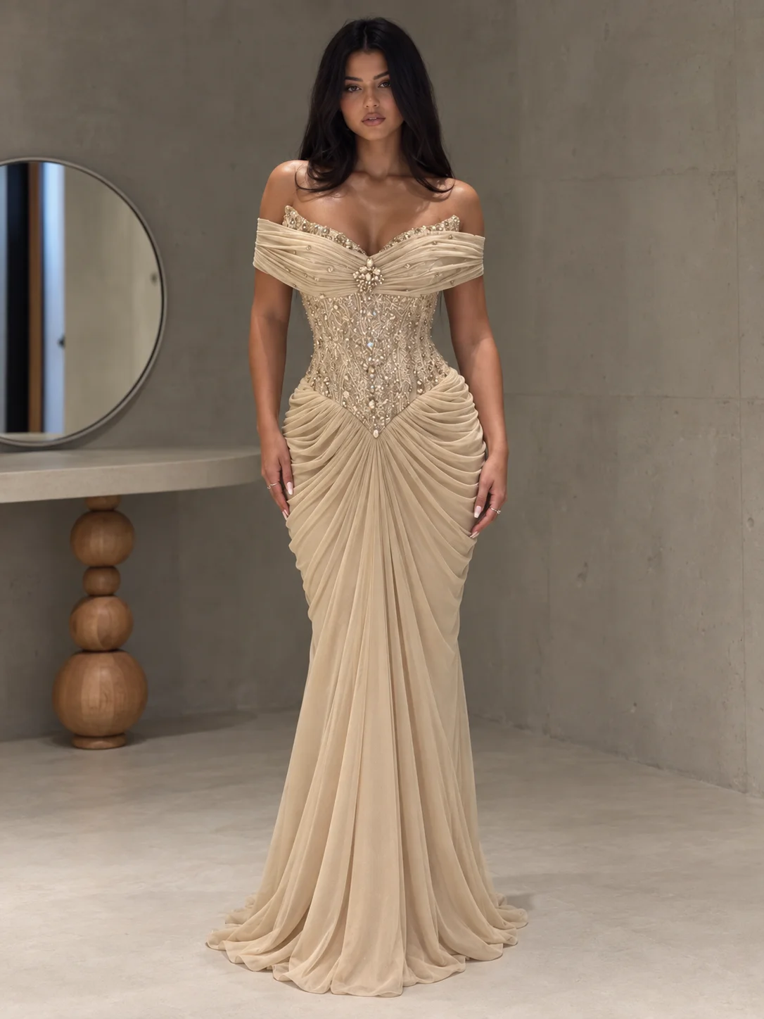 LumiGown Off Shoulder Champagne Mermaid Evening Dress Heavy Beaded Corset Ruched Tulle Formal Party Wedding Gown Custom