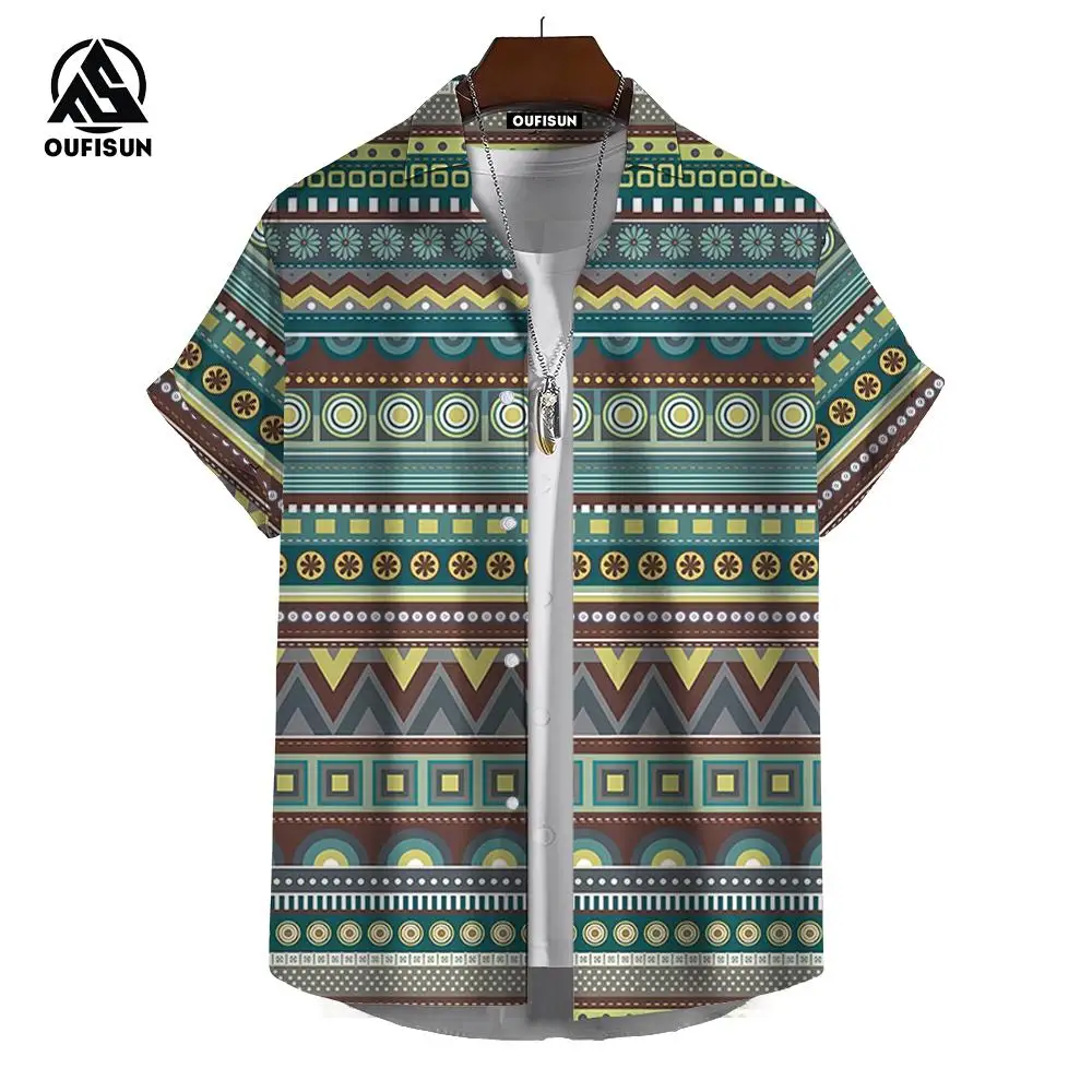 Vintage Hawaiian Shirts For Men Ethnic Pattern Printed Short Sleeve Tops Fashion Casual Men Clothing Loose Oversized Men\'s Shirt