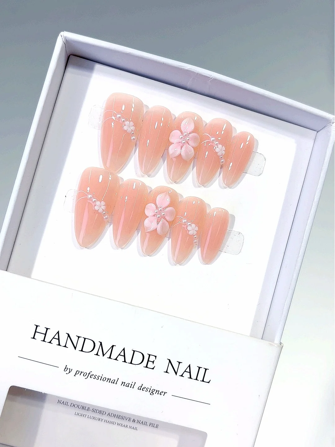 Perzikroze 3D bloem parel strass amandel pers op nagels, handgemaakte kunstnagels set voor vrouwen (C443)