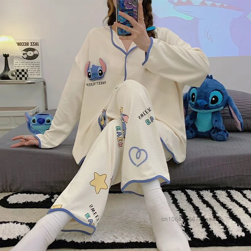 Disney Stitch Women Spring Autumn New Pajamas Sweet Y2k Girl Fashion Long Sleeve Sleepwear Korean Style Casual Home Clothes Set